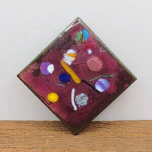 Unique Handmade Vintage Copper Enamel Brooch Diamond Shaped